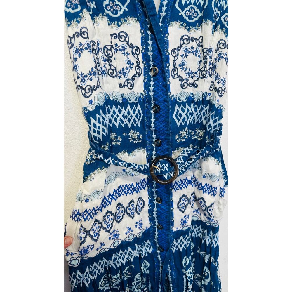 SALONI Blue White Abstract Design Nya Collared Sleeveless Button Up Dress US 2 - Picture 8 of 15